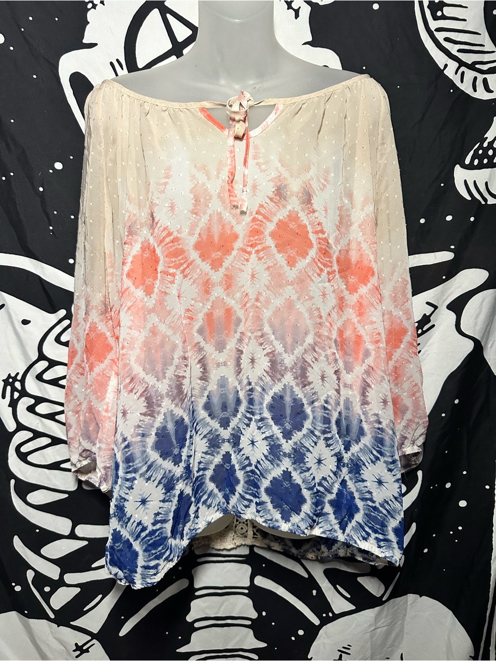 Maurices Coral Pink to Blue Tie-Dye Peasant Blouse